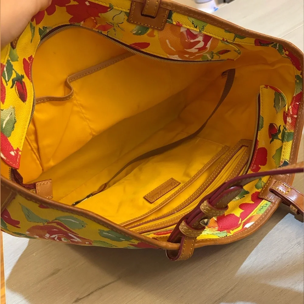 Dooney & Bourke Yellow Tote with Red Floral Design 16X11" with dusty bag. - Picture 2 of 12